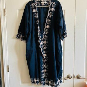 White Romance Cotton Embroidered Navy Kimono Robe Size L